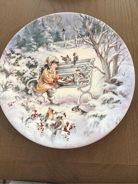 Knowles Winter Park Scene Decorative Plate - Girl Feeding Birds